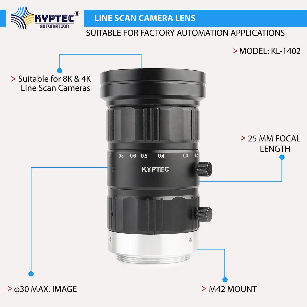 25 MM Line Scan Camera Lens for 4K / 8K Cameras, M42 Mount – Kyptec Automation®