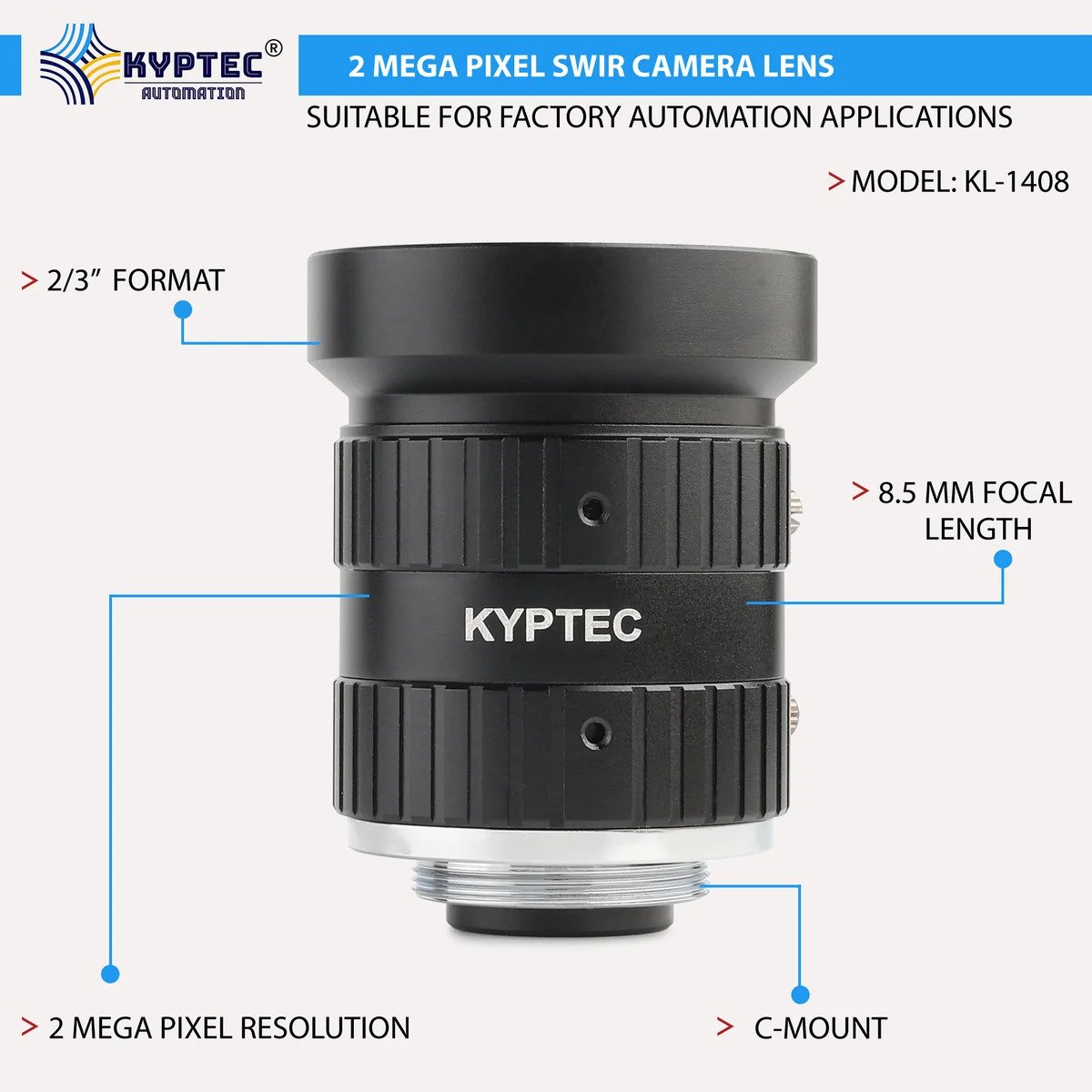 8.5 MM SWIR Camera Lens, 900–1700 nm, 2 MP, 2/3-Inch C-Mount