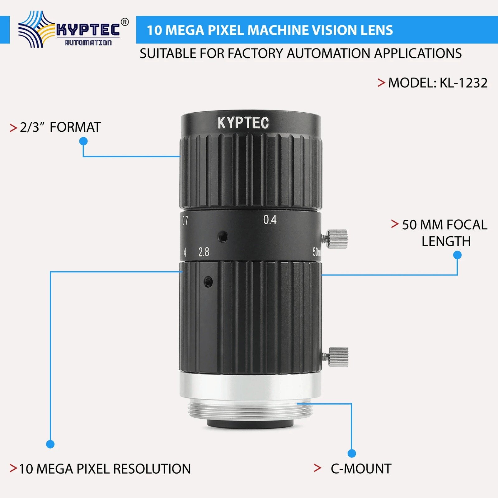 50 MM 10 MP Machine Vision Lens for 2/3-Inch C-Mount Industrial Cameras