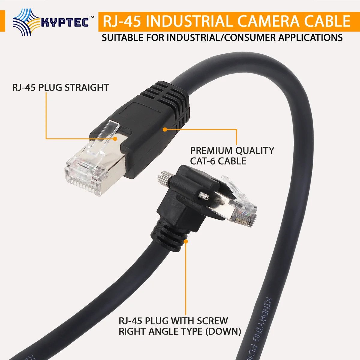 GigE Machine Vision CAT 6 Camera Cable with Locking RJ-45, Right Angle DOWN – Kyptec Automation®