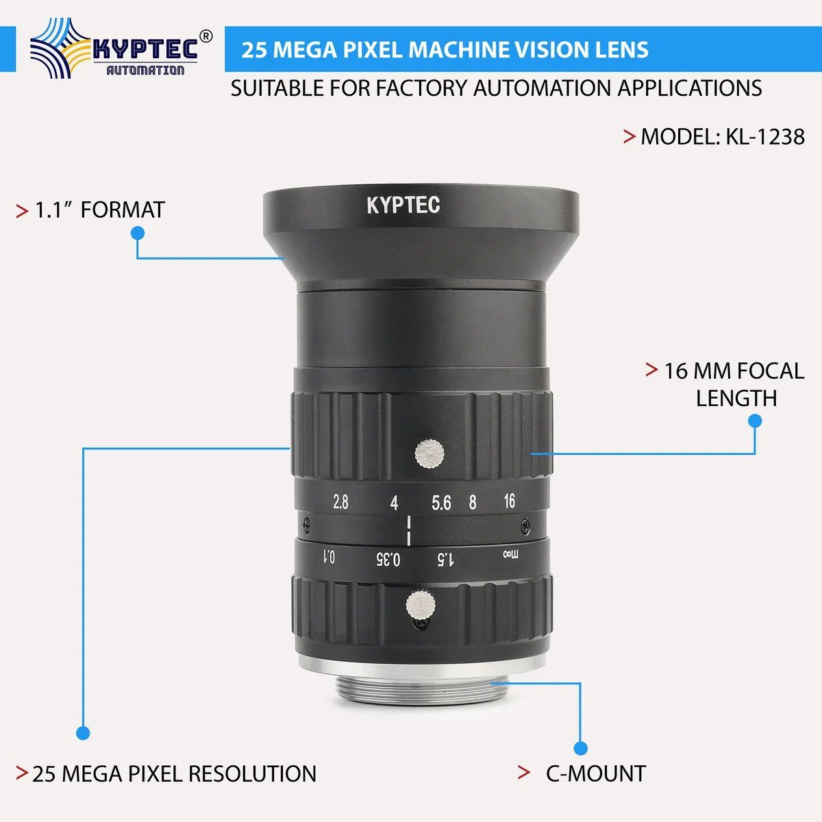 16 MM 25 MP Precision-Inspection Machine Vision Lens for 1.1-Inch Industrial Cameras | C-Mount – Kyptec Automation®