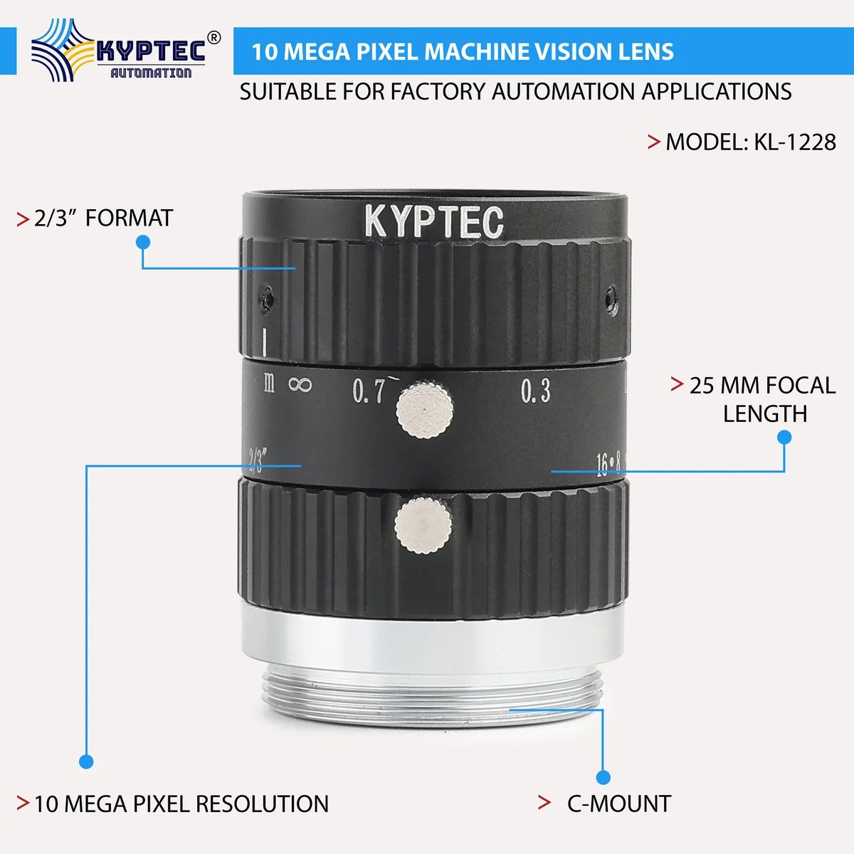 25 MM 10 MP Precision-Inspection Machine Vision Lens for 2/3-Inch Industrial Cameras | C-Mount – Kyptec Automation®